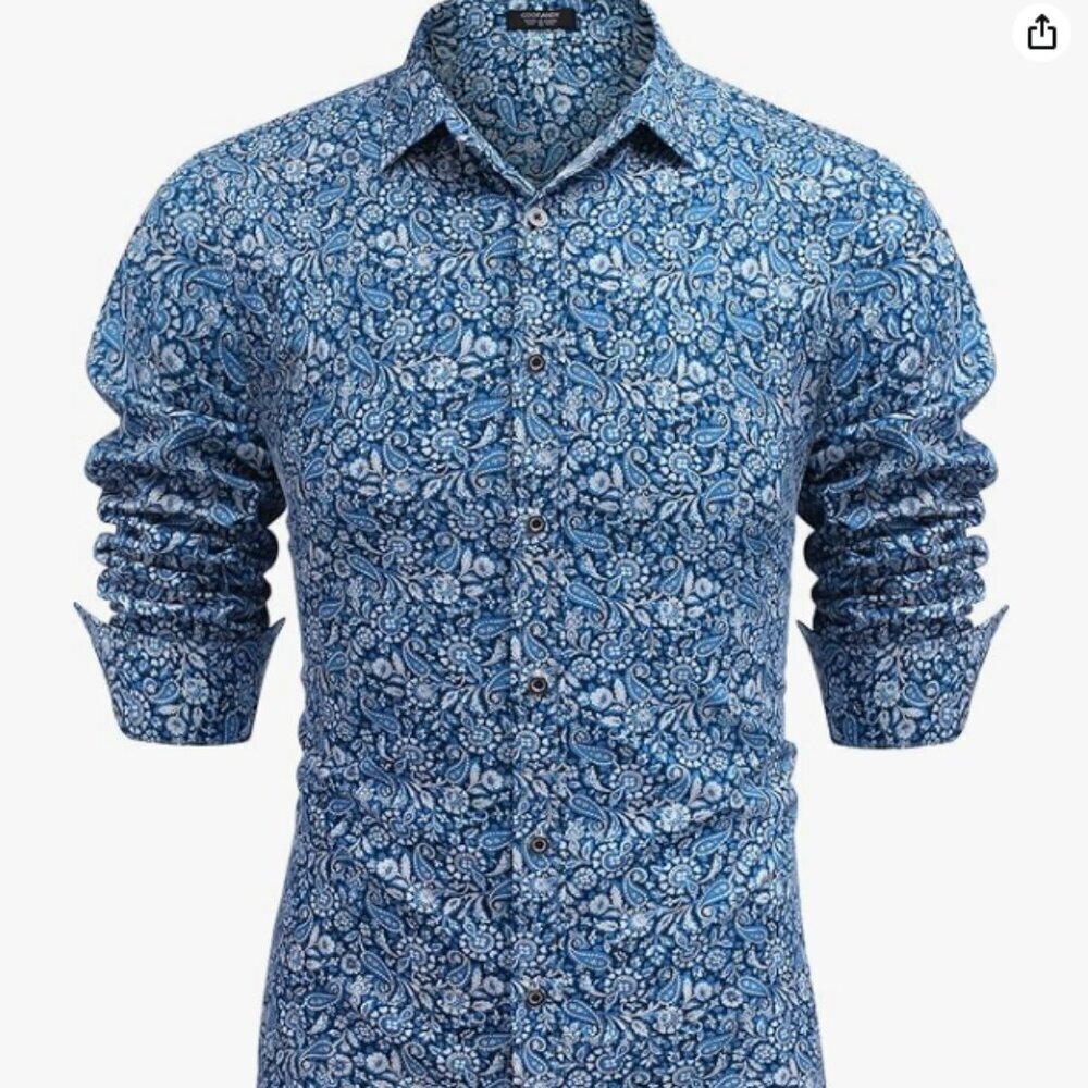 NWT COOFANDY Men's Paisley Cotton Long Sleeve Shirt Floral Print Casual Retro Bu